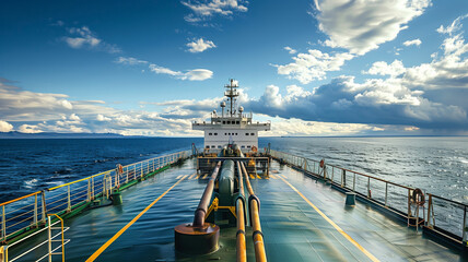 Front view of the deck of an oil tanker in good weather. Transportation of oil. Expensive energy. Oil price