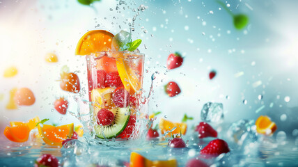 fresh fruits falling into cocktail glass, splashing on blue background. levitation of cocktail ingredients with orange and strawberry slices