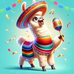 A joyful llama dressed in vibrant Mexican clothing celebrates with confetti and maracas.
