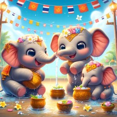 Fototapeta premium Baby Elephants Playing Songkran