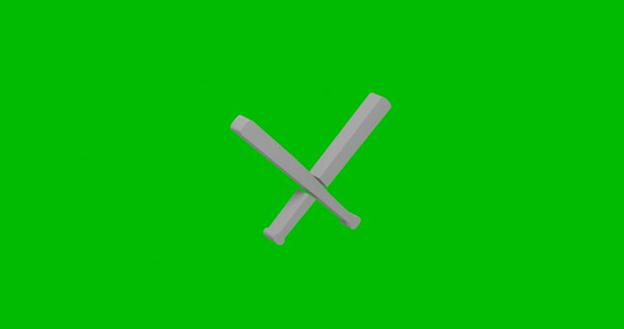 Animation of rotation of a white baseball bats symbol with shadow. Simple and complex rotation. Seamless looped 4k animation on green chroma key background