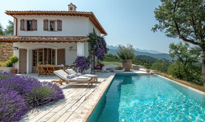 Romantic white villa with a swimming pool in a lavender field - 777006187