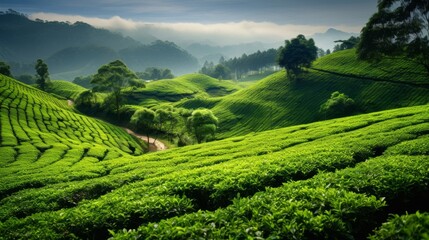 A green tea plantation with a stunning view of terraced fields and a clear sky - obrazy, fototapety, plakaty