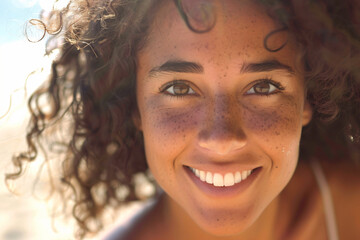 portrait of a beautiful young woman with curly hair smiling and looking at the camera on the beach, close up, sunlight, sun rays, skin texture, sunburnt, freckles, summer