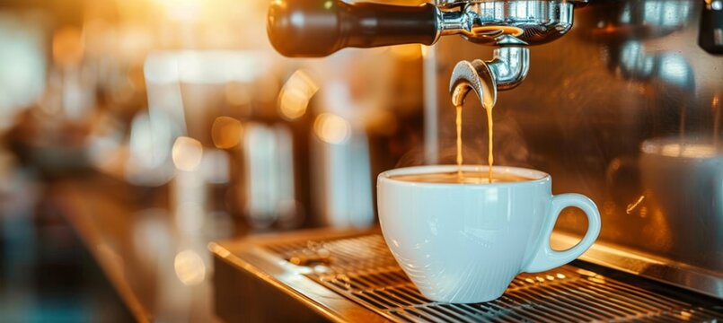 Coffee brewing process  portafilter dispensing coffee into cup in bright setting