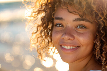 portrait of a beautiful young woman with curly hair smiling and looking at the camera on the beach, close up, sunlight, sun rays, skin texture, sunburnt, freckles, summer