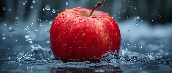 Apple splashing water in all directions after falling into it. Concept Fruit Photography, High-Speed Capture, Water Splash Effects, Vibrant Colors