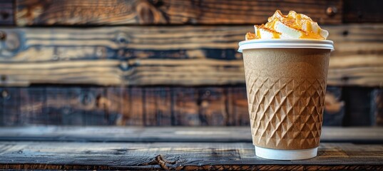Side view of a coffee cup on a table with abundant space for convenient placement of text