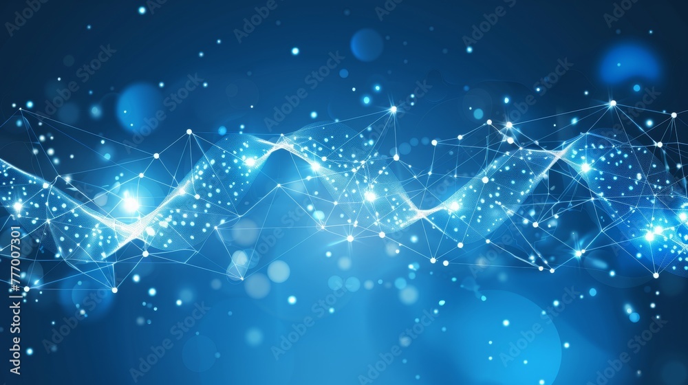 Poster digital network link stream connecting with particle wave symbolizing information technology