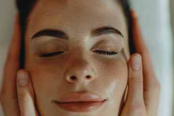 Young woman having a facial massage in a spa salon, closeup view of hands and her face, warm tones