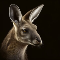 Pensive kangaroo face, marsupial features highlighted in sharp detail on a deep, dark background.