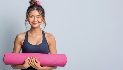 Young asian sport woman holding a yoga mat standing isolated on grey background.
