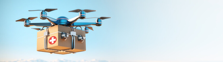 A drone flies against the sky above the city and delivers a Package Over, medicine delivery.Emergency medical care concept. Fast delivery service. Technology development. Banner. Copy space