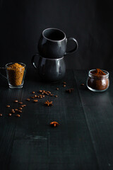 Morning, coffee. on a black background. Different types of coffee