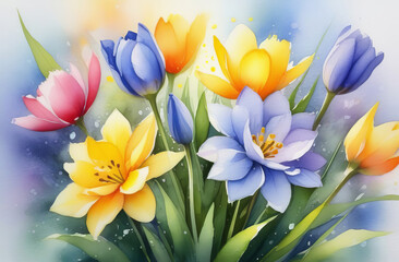 Obraz na płótnie Canvas Bright bouquet of the spring flowers, watercolor, pastel colors.