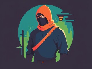 In a minimalist flat illustration, a cunning thief stealthily navigates through shadows.