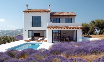 Romantic white villa with a swimming pool in a lavender field - 777009318