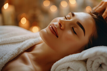 A beautiful woman is lying on her back in the spa, with both hands massaging another person's face and closed eyes, creating an atmosphere of relaxation and comfort