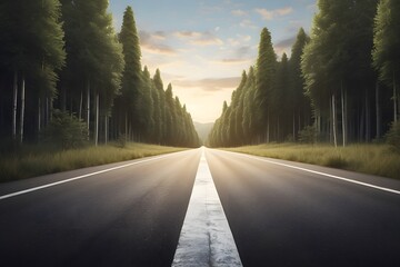 An asphalt road stretches into the distance with a painted white arrow pointing forward, symbolizing motivation, progress, and the concept of continuous growth and forward movement,Side view of empty 