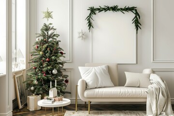 Cozy holiday interior with decorated Christmas tree