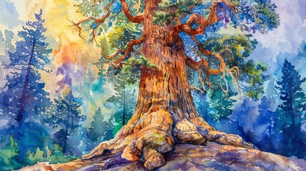 Watercolor a sequoia tree, with a vivid background that underscores the trees majestic stature, summerthemed
