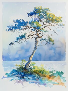 Watercolor a cypress tree, against a dynamic background that elevates the trees slender beauty, summery theme