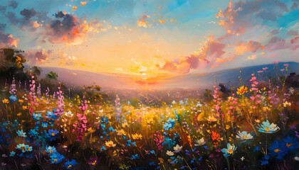 Oil painting of a field filled with wild flowers. Sunrise in the horizon