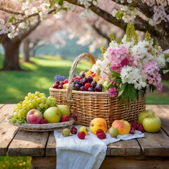 an artistic rendering of a picturesque spring picnic scene showcasing an empty wooden table decorated with an abundance of seasonal fruits, beautiful floral bouquets, and a classic vintage picnic bask