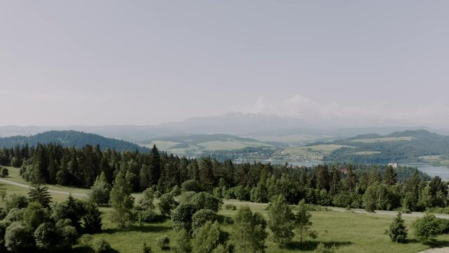 Drone shot of Tatra mountains. Beautiful summer mountains from above. Pine forest
