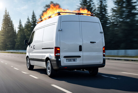Advertising of super fast moving transportation service with white van with wheels on fire on highway. Abstract background. Move car drive on road, outdoors. Urban delivery concept. Copy ad text space