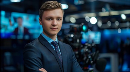 Photo of a handsome young news anchor from a famous TV Photo of a handsome young news anchor from . Live broadcast on television. who is confident, looks good and dignified, wears a suit in the studio