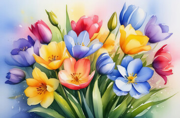 Obraz na płótnie Canvas Bright bouquet of the spring flowers, watercolor, pastel colors.