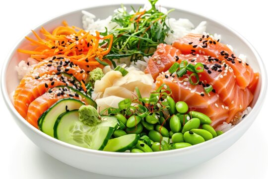Fresh salmon Pok&eacute; bowl with healthy ingredients.