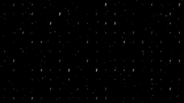Template animation of evenly spaced franc symbols of different sizes and opacity. Animation of transparency and size. Seamless looped 4k animation on black background with stars