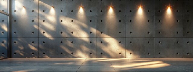 Concrete wall and floor illuminated by spotlights, casting dynamic shadows in the background. Scene...