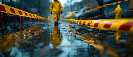 Cleanup procedures for area closure due to chemical spill with barrier tape. Concept Area Closure, Chemical Spill, Barrier Tape, Cleanup Procedures, Safety Measures