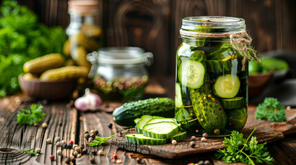 Canned cucumbers with spices are arranged in a glass jar, resting on a wooden background