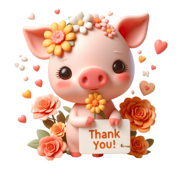 Cute character 3D image of pig with flowers and saying thanks white background isolated PNG