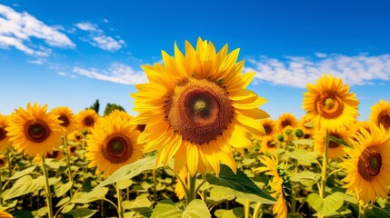 Serene scene of sunflowers facing the sun