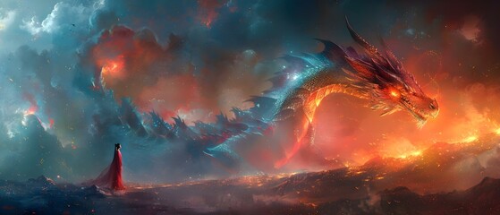 A Dragon Warrior's Journey to a Colorful D Anime World. Concept Fantasy Adventure, Dragons, Warrior's Journey, Anime World, Colorful Universe - obrazy, fototapety, plakaty