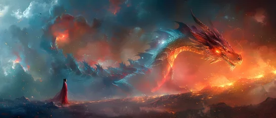 Schilderijen op glas A Dragon Warrior's Journey to a Colorful D Anime World. Concept Fantasy Adventure, Dragons, Warrior's Journey, Anime World, Colorful Universe © Anastasiia