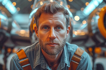 Fototapeta premium Aircraft Technician With Turbine Background