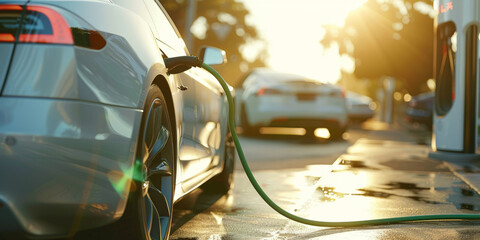 E - mobility, Electric vehicle charging, Electric car charging station, e-car charge point or electric vehicle supply equipment (EVSE) with information sign electric car public charging point station.