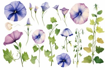 watercolor of morning glory clipart with trumpet-shaped flowers in various colors. flowers frame, botanical border, Wedding floral arrangements. Wedding decor, invitations, cards. on white background. - obrazy, fototapety, plakaty