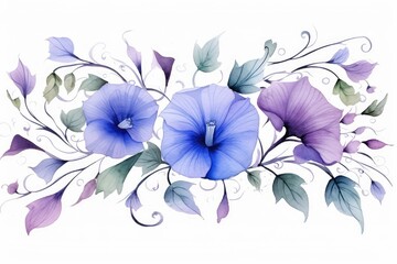watercolor of morning glory clipart with trumpet-shaped flowers in various colors. flowers frame, botanical border, Wedding floral arrangements. Wedding decor, invitations, cards. on white background.