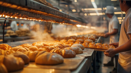 Fototapeta premium Bakers bake fresh bread and pastries in production, hot fresh baked goods on shelves and in the oven, food production