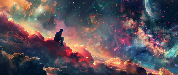 A man sits on the ground in space, surrounded by colorful galaxies and stars, with dreamy clouds floating around him