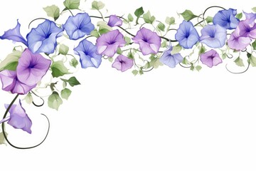 watercolor of morning glory clipart with trumpet-shaped flowers in various colors. flowers frame, botanical border, Wedding floral arrangements. Wedding decor, invitations, cards. on white background.