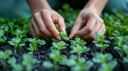 Fototapeta premium Growth of green plants in nature. Seedling in fertile soil. Agricultural industry. An agronomist takes care of a green sprout.