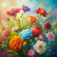 Colorful Beautiful Flowers Painted With Oil Paints